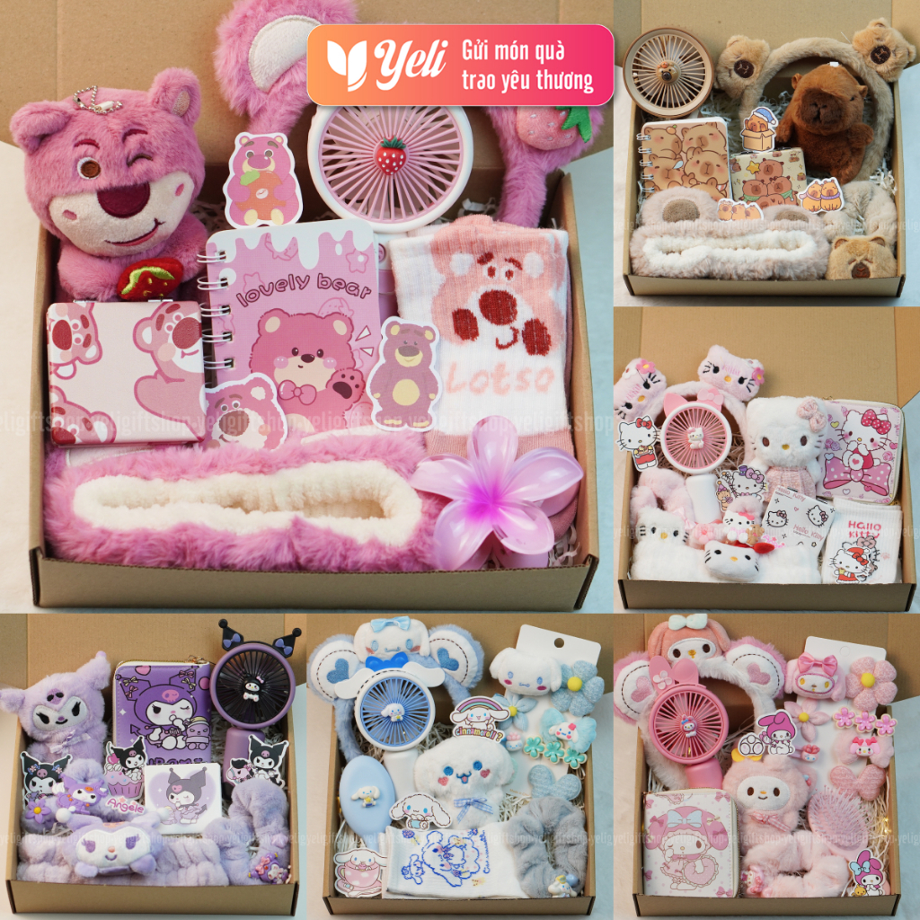 Quà tặng gấu dâu LOTSO, CAPYBARA, HELLO KITTY kèm phụ kiện, Combo sét hộp quà tặng bạn nữ ngày sinh nhật Yeli Shop