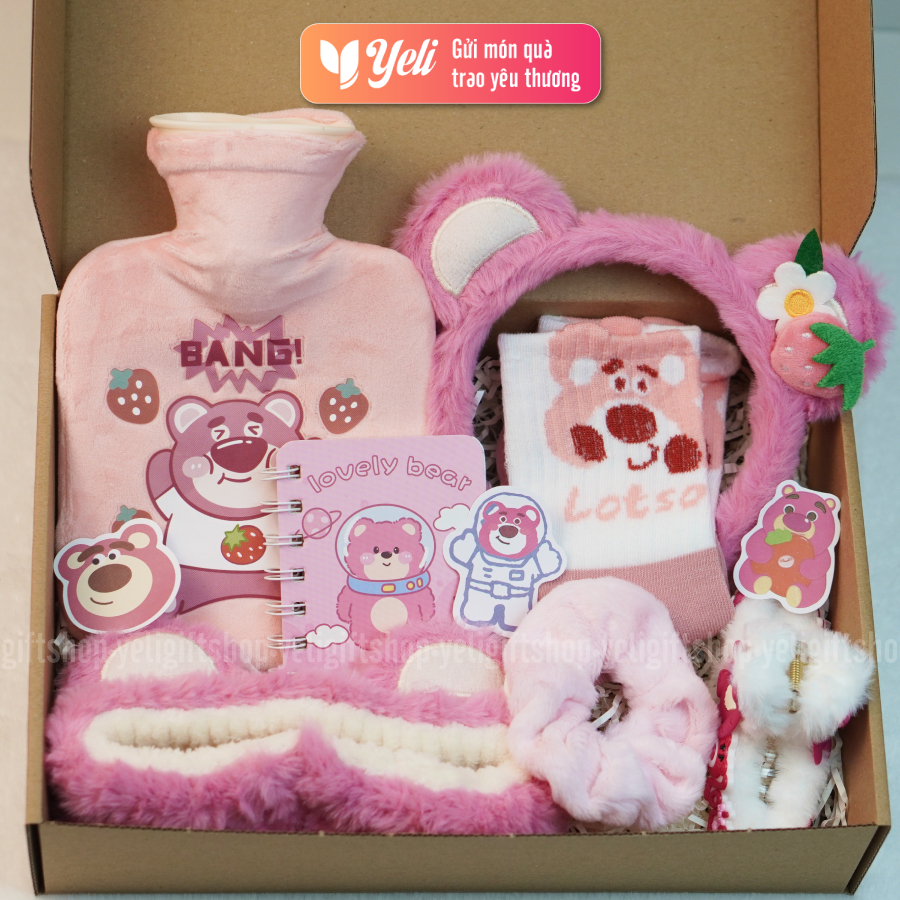 Set quà tặng Gấu Dâu Lotso phụ kiện tone hồng xinh xắn, Hộp quà tặng Lotso Gấu Dâu tặng bạn gái, người yêu, bé gái