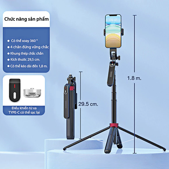 (Tặng Remote) Gậy chụp ảnh Selfie 4 chân A14 1M8 điều khiển từ xa có phân loại đèn trợ sáng Tripod chụp ảnh SP99