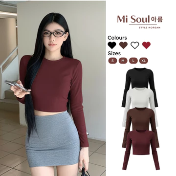 Áo Croptop Nữ Tay Dài Cổ Tròn Ôm Body MiSoul Chất Cotton Co Giãn, Áo Thun Trơn Dáng Ngắn Dài Tay Croptop Fit Body 474
