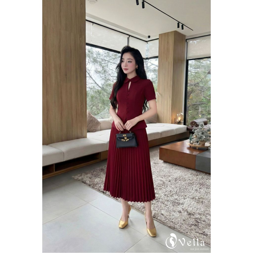 Set công sở nữ áo sơ mi peplum và váy xòe xếp ly đỏ tôn dáng chic office Vella VA25084 & VV25127