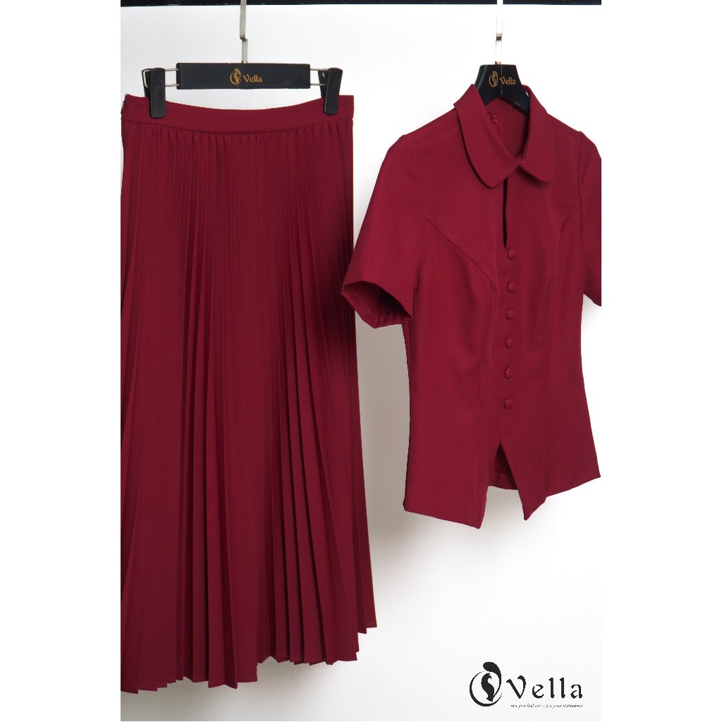 Set công sở nữ áo sơ mi peplum và váy xòe xếp ly đỏ tôn dáng chic office Vella VA25084 & VV25127