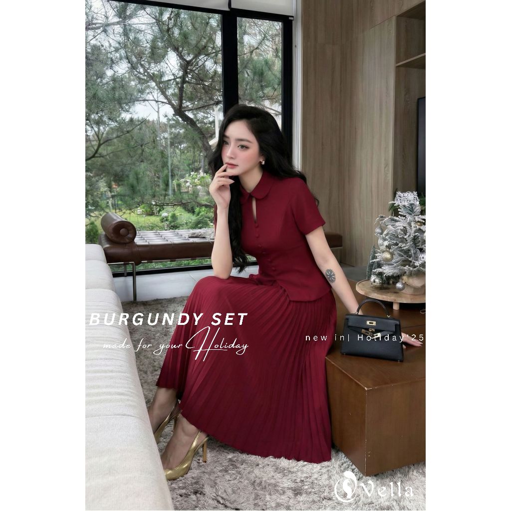 Set công sở nữ áo sơ mi peplum và váy xòe xếp ly đỏ tôn dáng chic office Vella VA25084 & VV25127