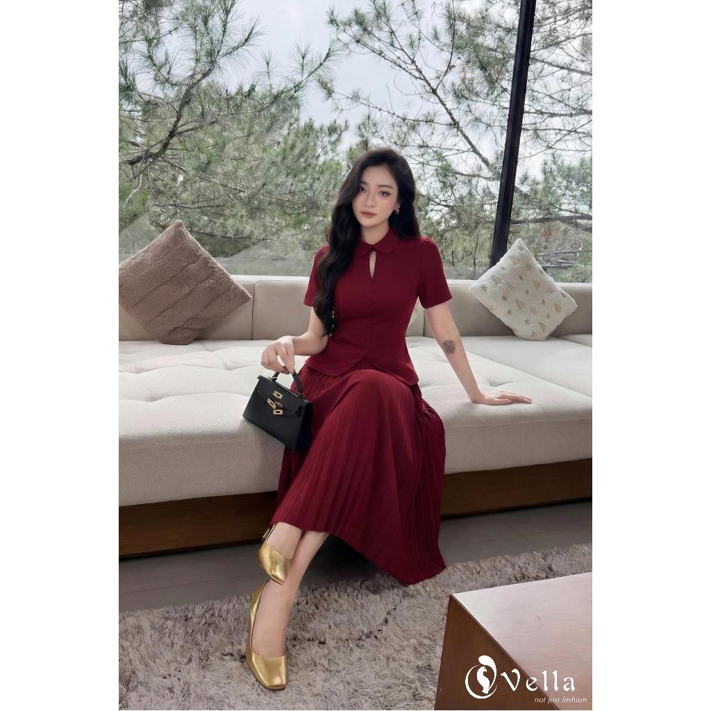 Set công sở nữ áo sơ mi peplum và váy xòe xếp ly đỏ tôn dáng chic office Vella VA25084 & VV25127