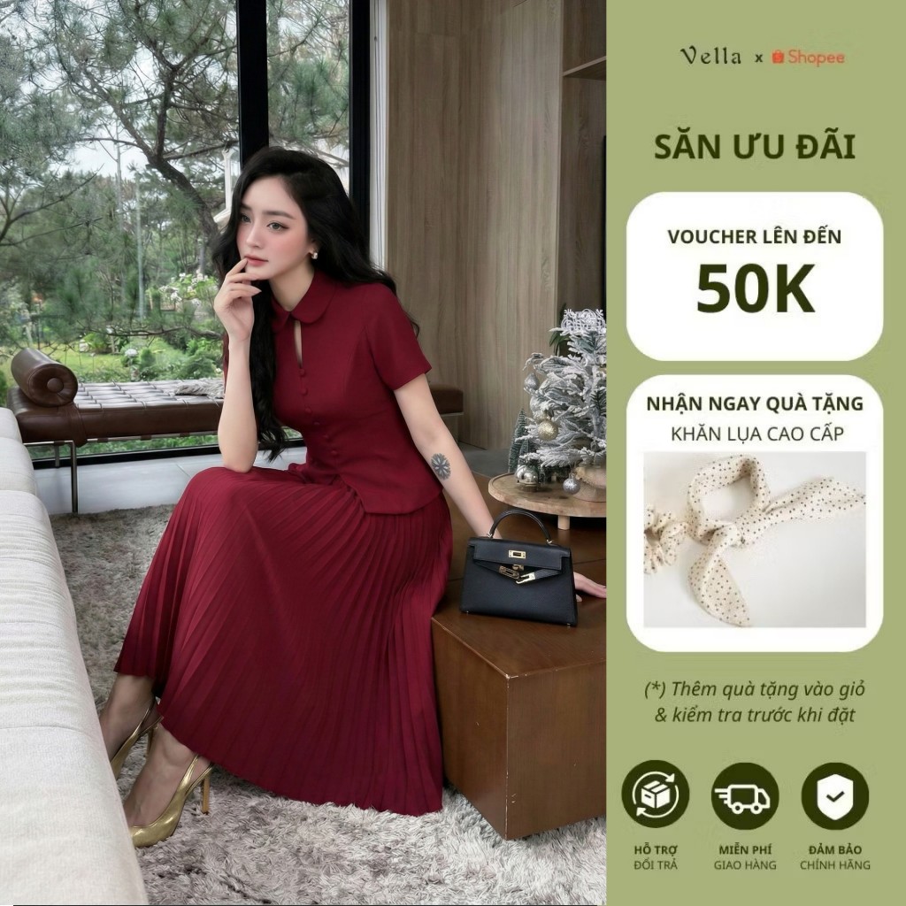 Set công sở nữ áo sơ mi peplum và váy xòe xếp ly đỏ tôn dáng chic office Vella VA25084 & VV25127