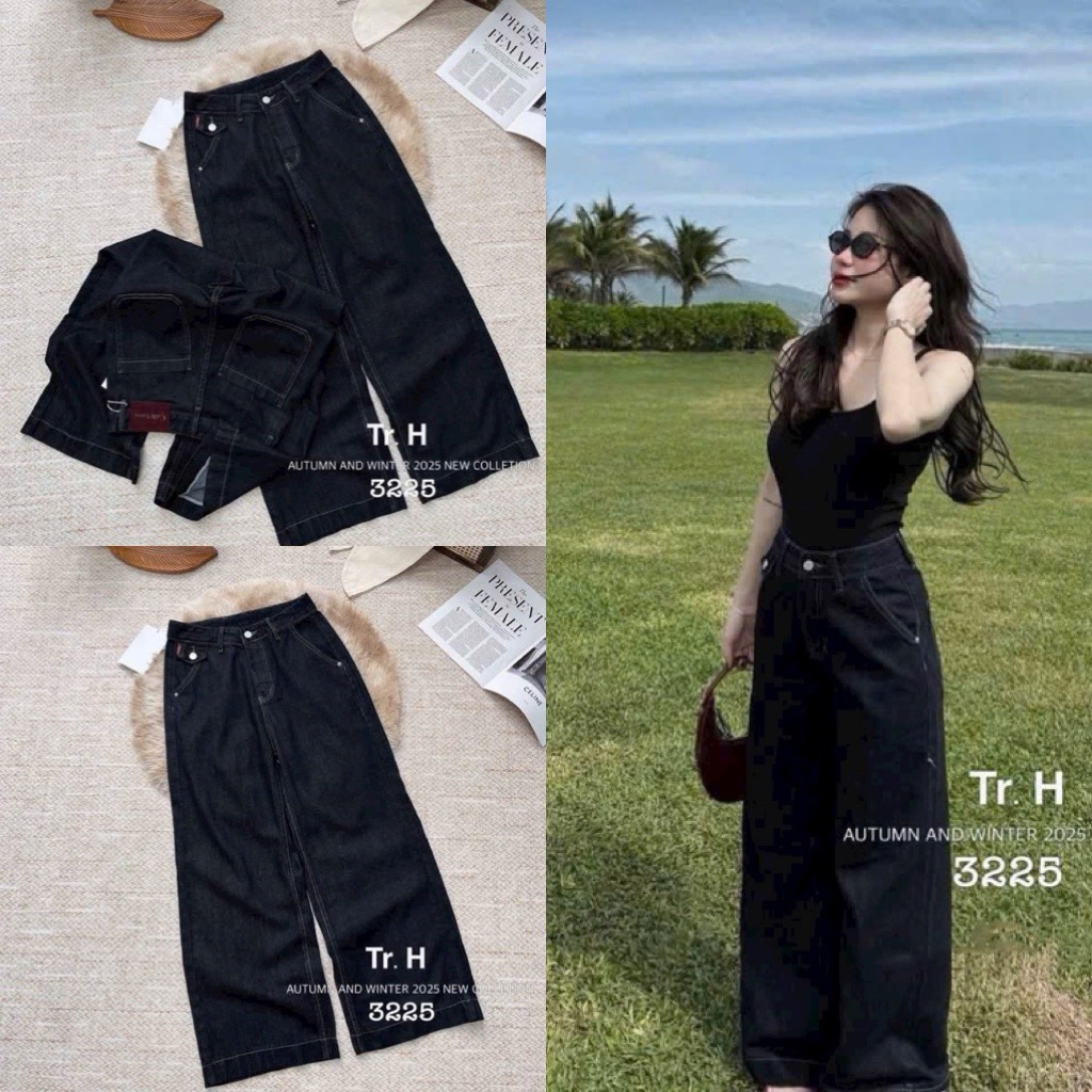 Quần Jeans Nữ Suông Mác Đỏ Xanh Than Dáng Dài  Nắp Túi #3225