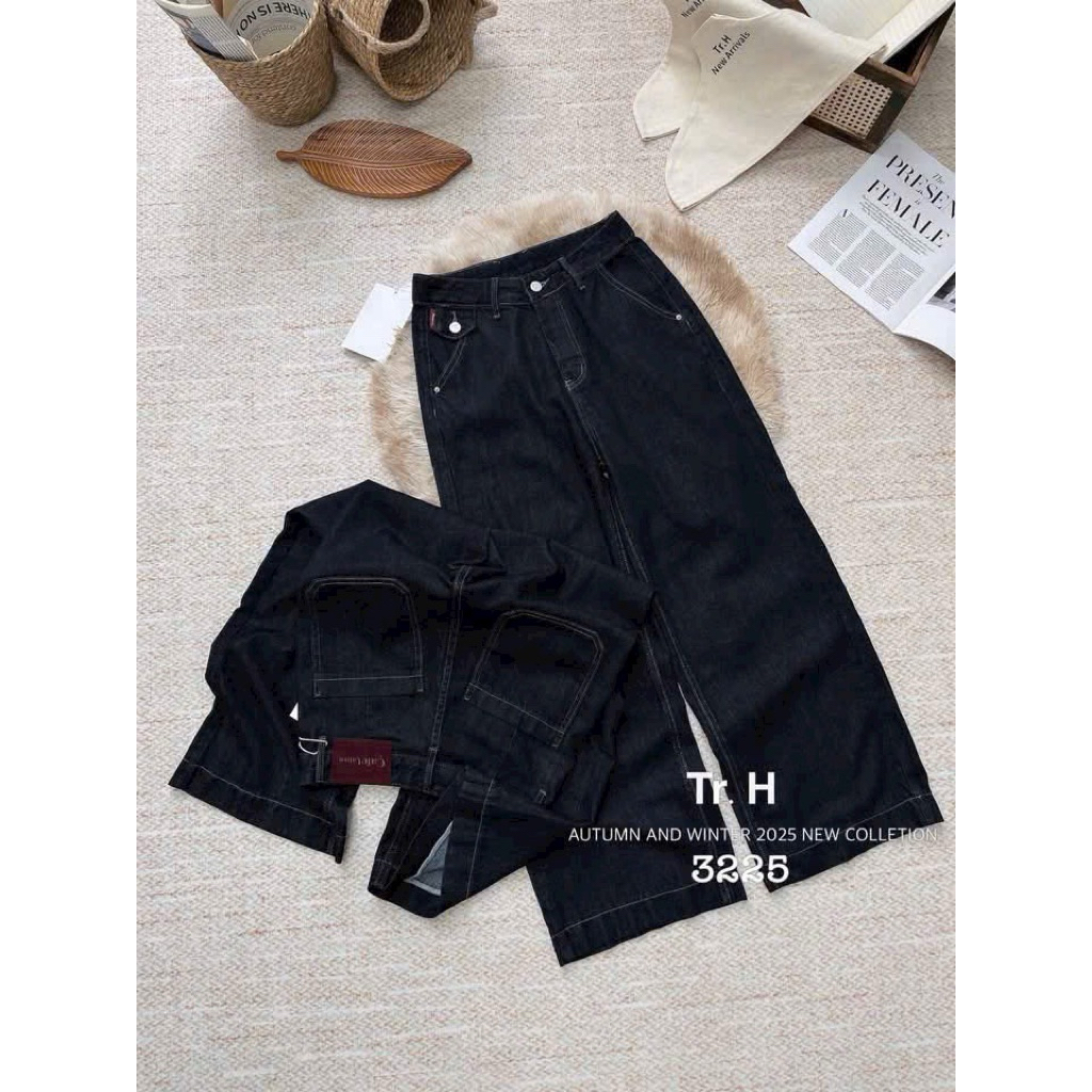 Quần Jeans Nữ Suông Mác Đỏ Xanh Than Dáng Dài  Nắp Túi #3225
