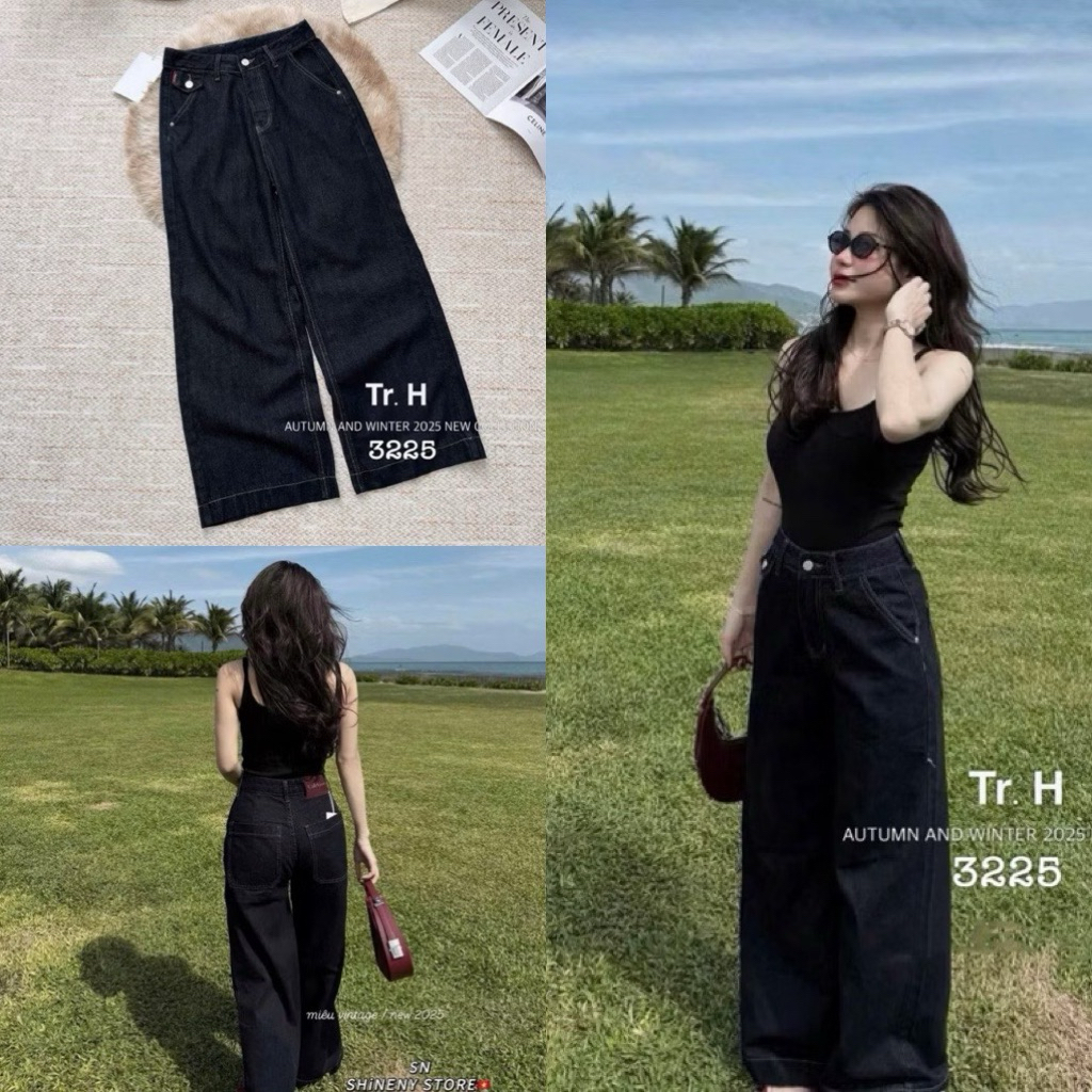 Quần Jean Nữ Ống Rộng Màu Xanh Than Nắp Túi Thời Trang