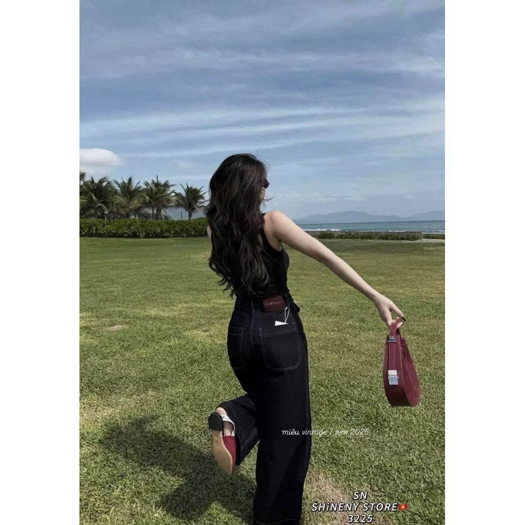 Quần Jean Nữ Ống Rộng Màu Xanh Than Nắp Túi Thời Trang