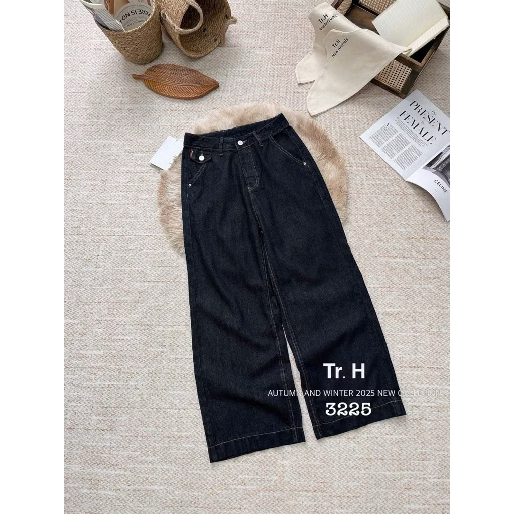 Quần Jean Nữ Ống Rộng Màu Xanh Than Nắp Túi Thời Trang