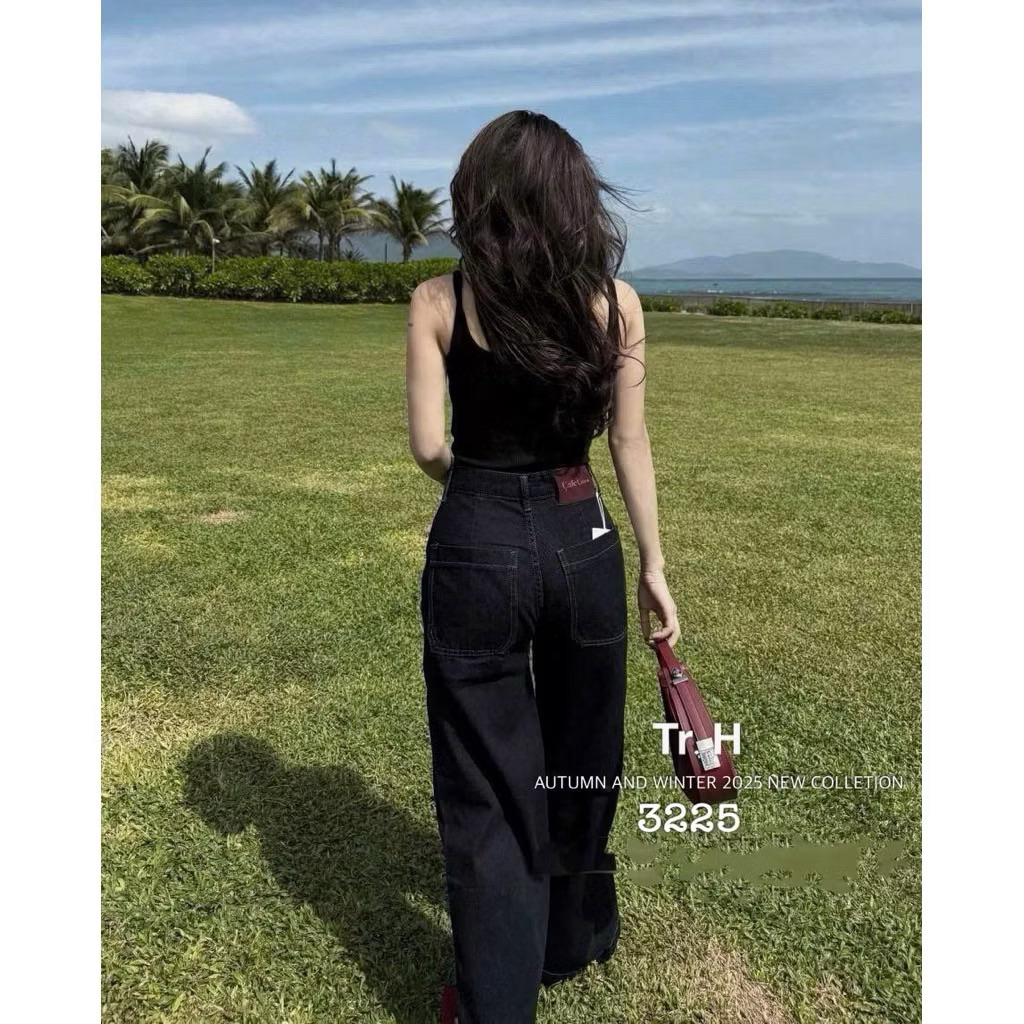 Quần Jean Nữ Ống Rộng Màu Xanh Than Nắp Túi Thời Trang