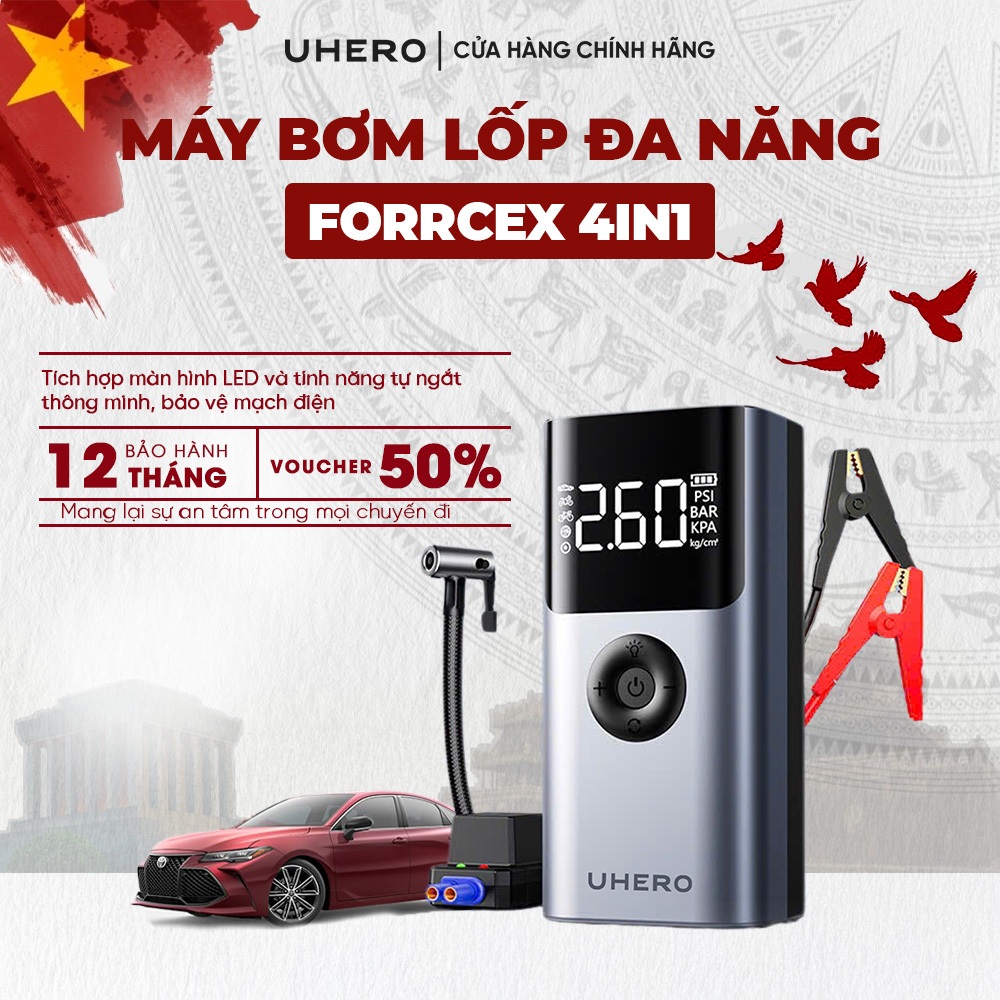 Bơm lốp kích bình ô tô 4in1 10000mAh UHERO tích hợp sạc dự phòng và đèn pin chiếu sáng, công suất cao