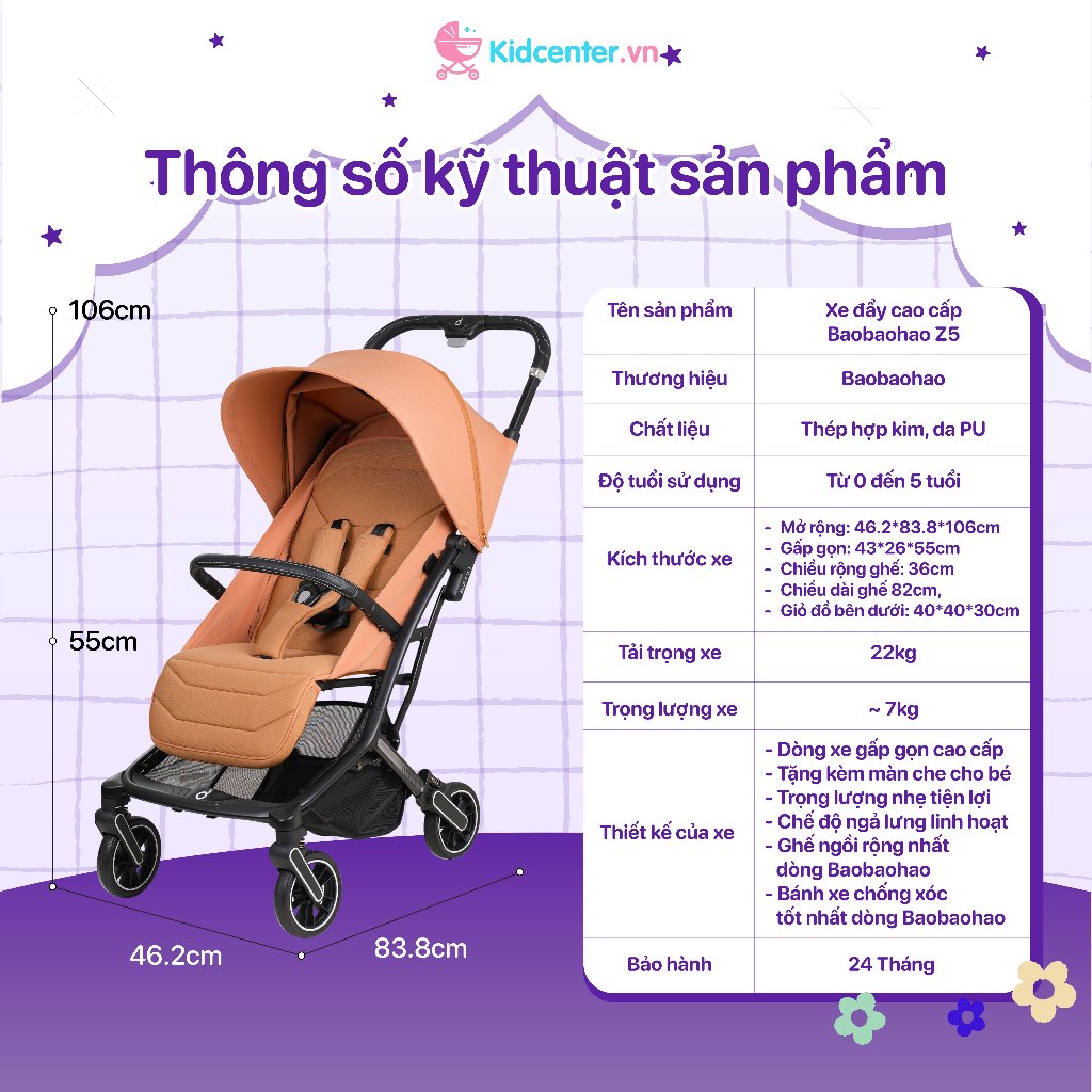 [New 2026] Xe Đẩy Cho Bé Baobaohao Chính Hãng Z5 bảo hành 24 tháng chĩnh hãng, Xe Đẩy Đa Năng Gấp Gọn, Mái Che Chống Tia