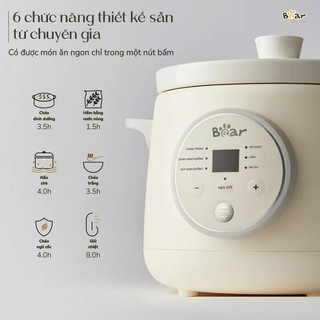 Nồi Nấu Cháo Chậm cho bé 1.5L Bear SB-NNC15, Công Suất 150W, 6 Chế Độ Nấu, Có Giữ Nhiệt, BH 18 Tháng