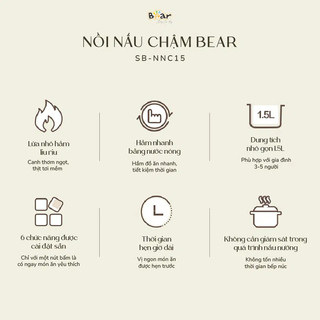 Nồi Nấu Cháo Chậm cho bé 1.5L Bear SB-NNC15, Công Suất 150W, 6 Chế Độ Nấu, Có Giữ Nhiệt, BH 18 Tháng