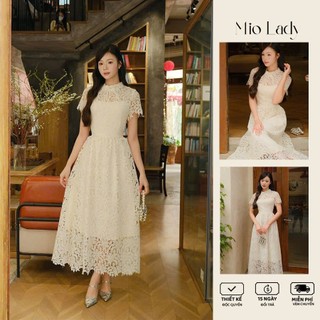 Váy Ren Hoa Nổi Cổ Xoắn Nơ Dáng Xòe Bồng 2 Lớp,Tay Cộc, Vải DàyDặn,Viền Ren Tinh Tế,Váy Đi Tiệc Thanh Lịch MioLady VA026
