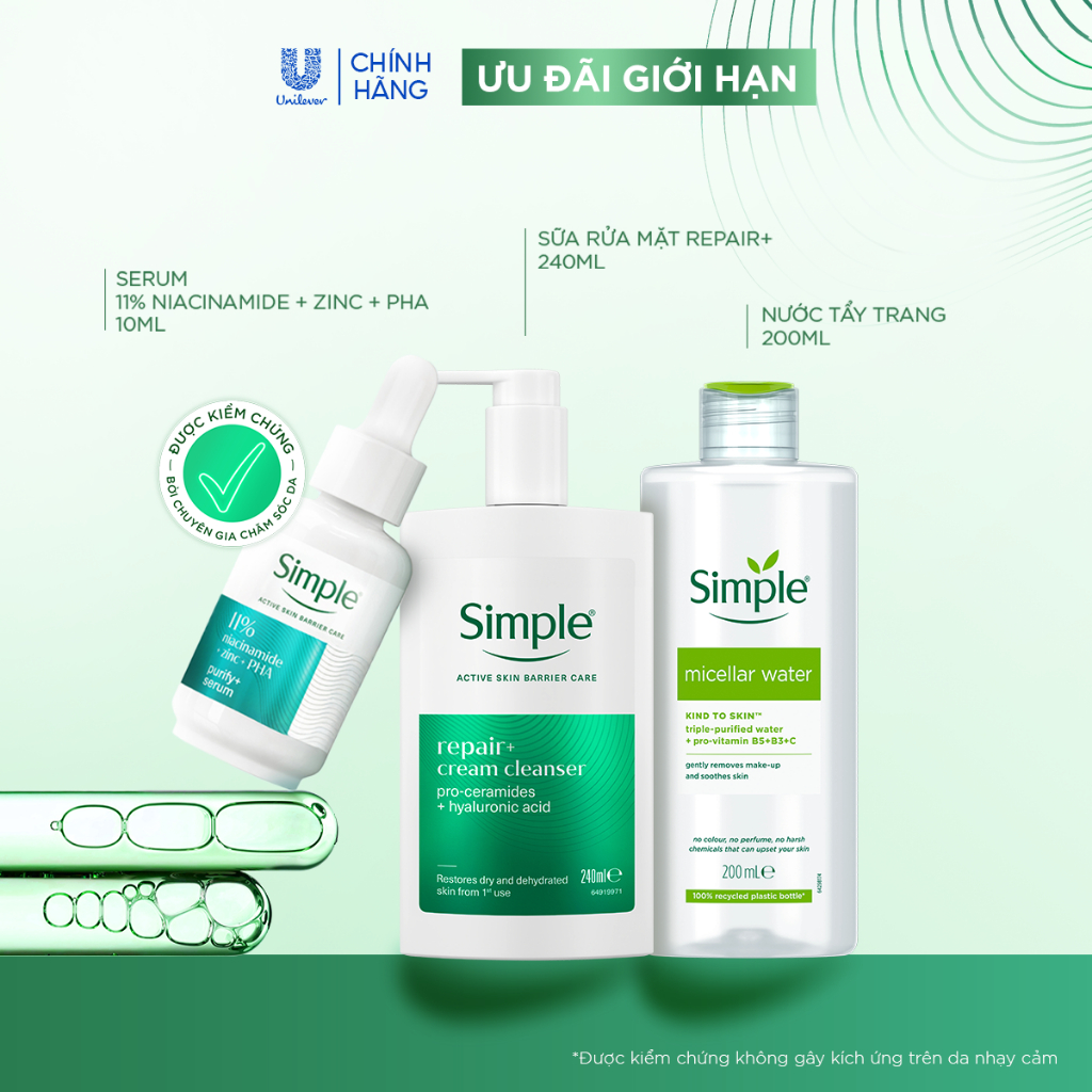 [MỚI] Bộ 3 Simple - Nước Tẩy Trang 200ml, Sữa Rửa Mặt 240ml Repair+ Phục Hồi Da & Serum 10ml Purify+ Giảm Mụn Sau 7 Ngày