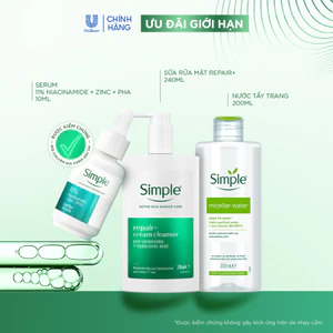 Bộ 3 Simple - Nước Tẩy Trang 200ml, Sữa Rửa Mặt 240ml Repair+ Phục Hồi Da & Serum 10ml Purify+ Giảm Mụn Sau 7 Ngày