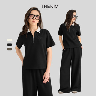 THEKIM Set bộ Lune Soft áo polo ngắn tay khóa cổ phối bo cổ và quần suông dài , thêu logo nổi CS370