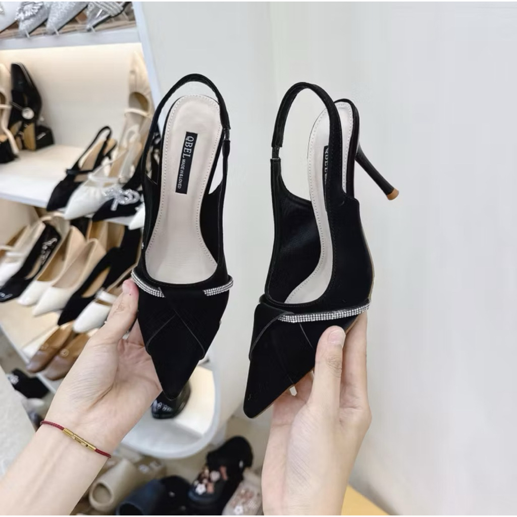 [ bigsize 35 -41 ] Giầy mũi nhọn phối dây đá chéo gót nhọn 7p-9p chất da mịn B03