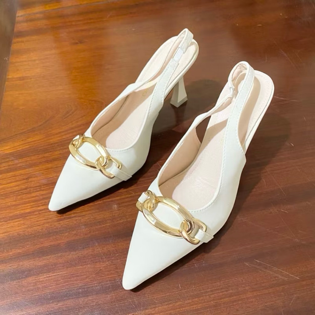 [ bigsize 35 - 41 ] Giầy cao gót phối nơ xích chất da mịn gót nhọn 7p - 9p B02