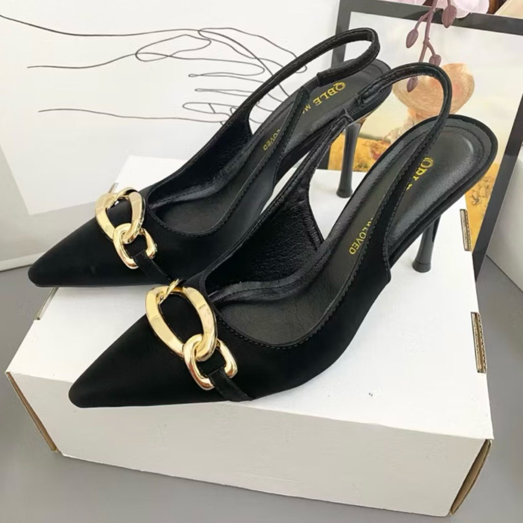 [ bigsize 35 - 41 ] Giầy cao gót phối nơ xích chất da mịn gót nhọn 7p - 9p B02