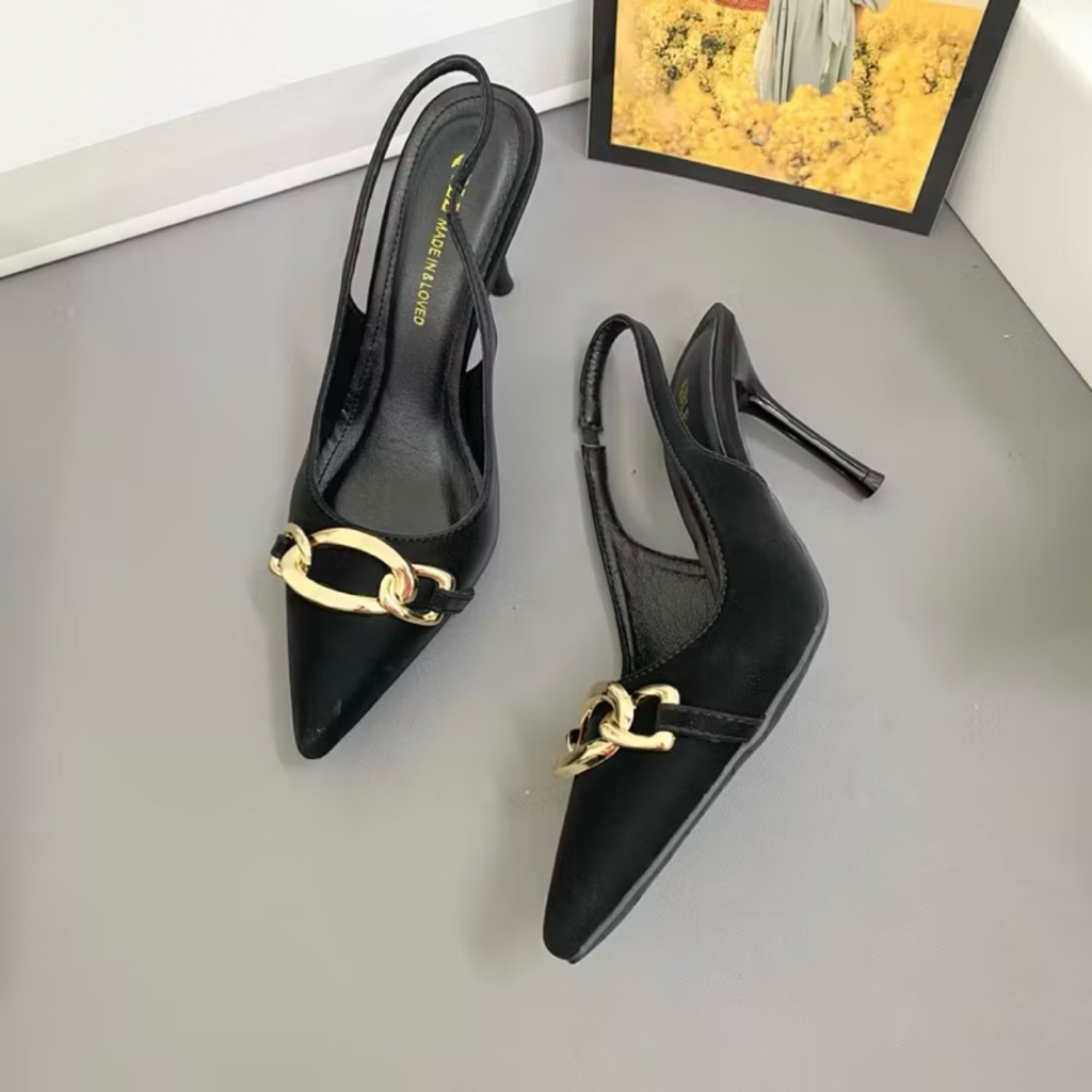 [ bigsize 35 - 41 ] Giầy cao gót phối nơ xích chất da mịn gót nhọn 7p - 9p B02