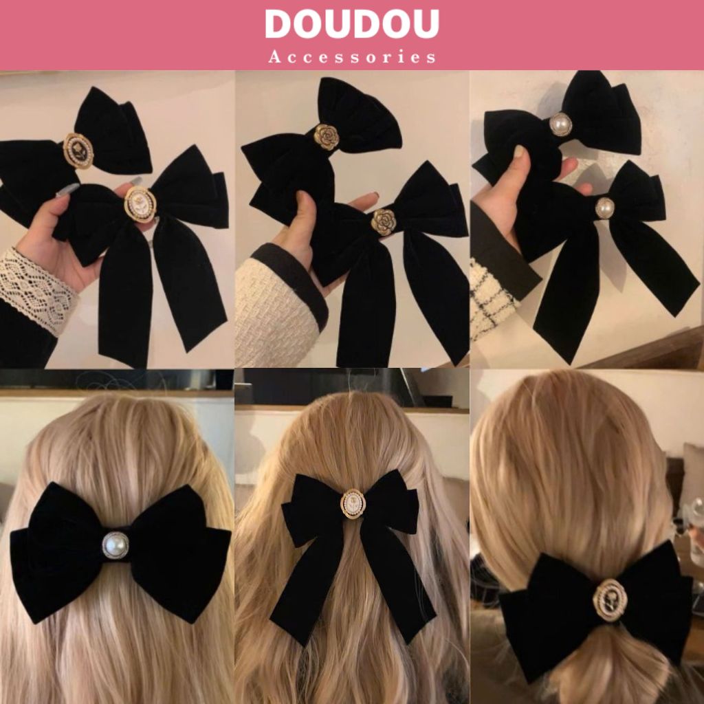 Kẹp tóc nơ Doudou Kẹp tóc vải nhung cao cấp Kẹp nơ to màu đen sang chảnh thời trang Hàn Quốc FJ018