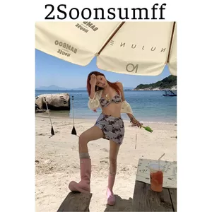2Soonsumff Bikini 3 mảnh buộc dây họa tiết hoa nhí phối chân váy, bộ đồ bơi cao cấp gợi cảm sexy
