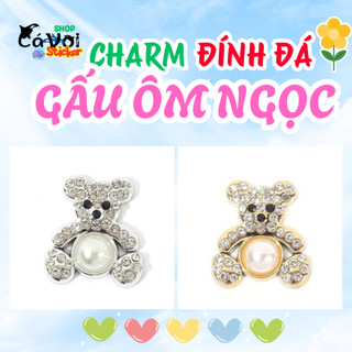 Charm đính đá: Gấu ôm ngọc- Phụ kiện DIY- Charm gắn dép cao câp