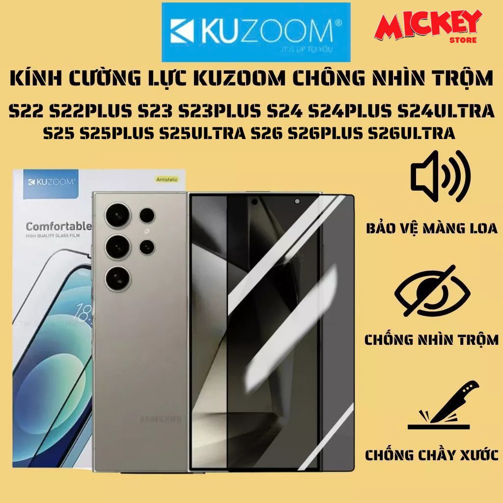 Kính cường lực Kuzoom chống nhìn trộm Samsung S26ultra S26 S26Plus s25 s24 s23 s22 s21Ultra Plus