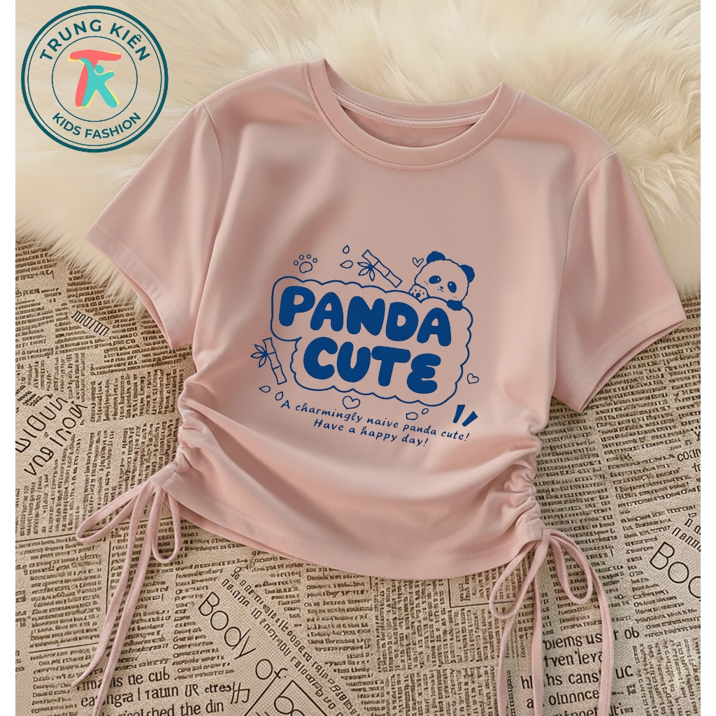 Áo Thun Bé Gái Rút Dây Vạt Vuông Dễ Mặc, In Hình Gấu Trúc Panda Cute, Cotton Mềm Mịn (M 374)