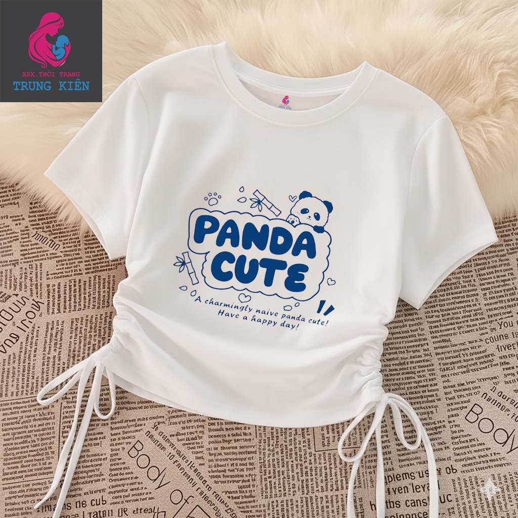 Áo Thun Bé Gái Rút Dây Vạt Vuông Dễ Mặc, In Hình Gấu Trúc Panda Cute, Cotton Mềm Mịn (M 374)