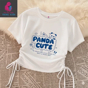 Áo Thun Bé Gái Rút Dây Vạt Vuông Dễ Mặc, In Hình Gấu Trúc Panda Cute, Cotton Mềm Mịn (M 374)