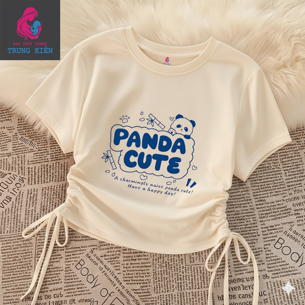 Áo Thun Bé Gái Rút Dây Vạt Vuông Dễ Mặc, In Hình Gấu Trúc Panda Cute, Cotton Mềm Mịn (M 374)
