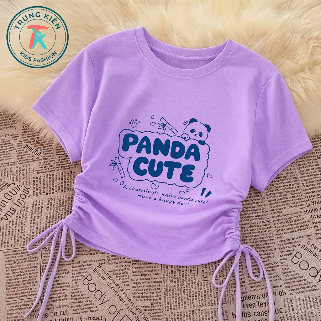 Áo Thun Bé Gái Rút Dây Vạt Vuông Dễ Mặc, In Hình Gấu Trúc Panda Cute, Cotton Mềm Mịn (M 374)
