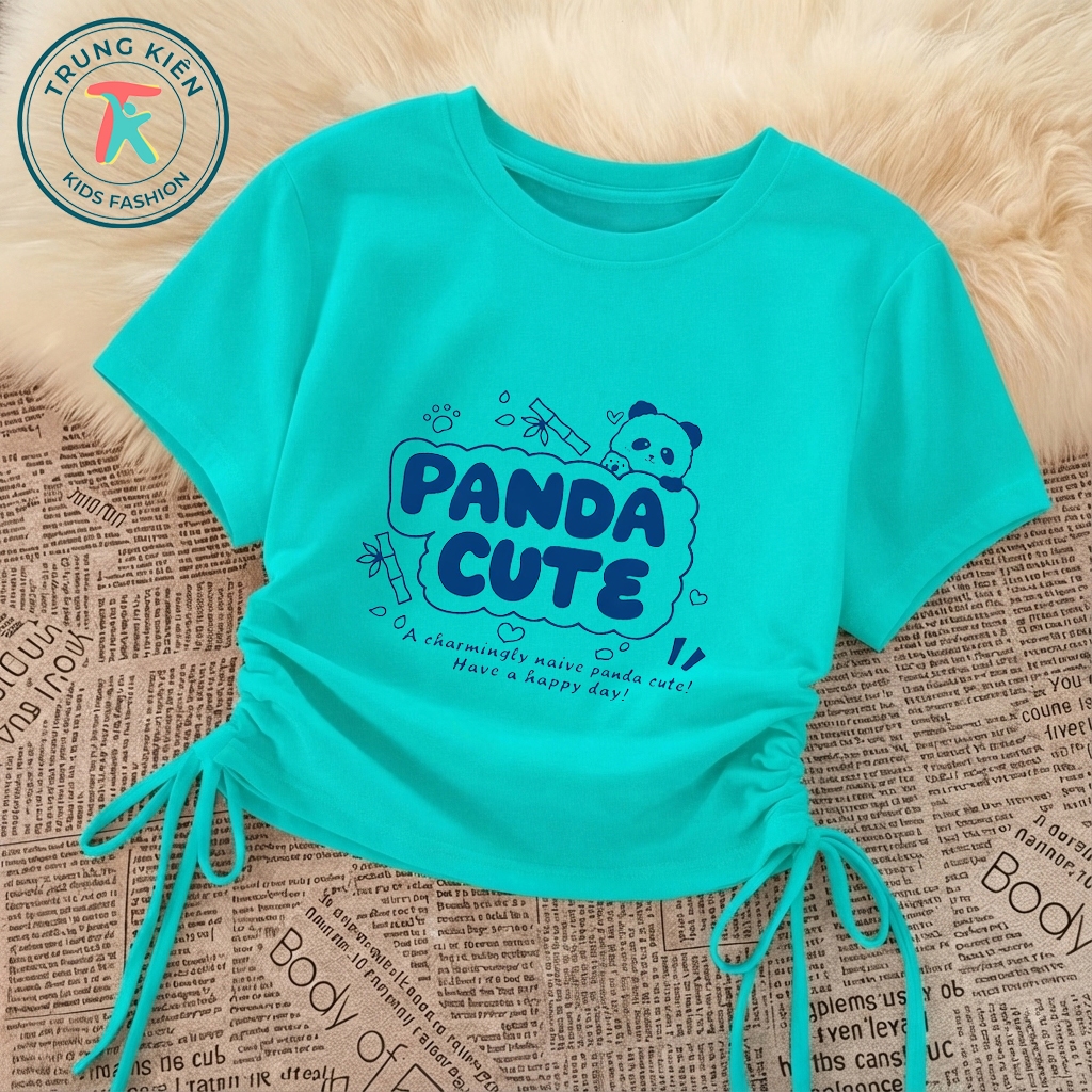 Áo Thun Bé Gái Rút Dây Vạt Vuông Dễ Mặc, In Hình Gấu Trúc Panda Cute, Cotton Mềm Mịn (M 374)
