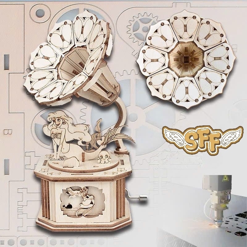 Đồ Chơi Lắp Ráp Mô Hình Gỗ 3D Hộp Nhạc Tay Quay Máy Hát Cổ Điển Gramophone