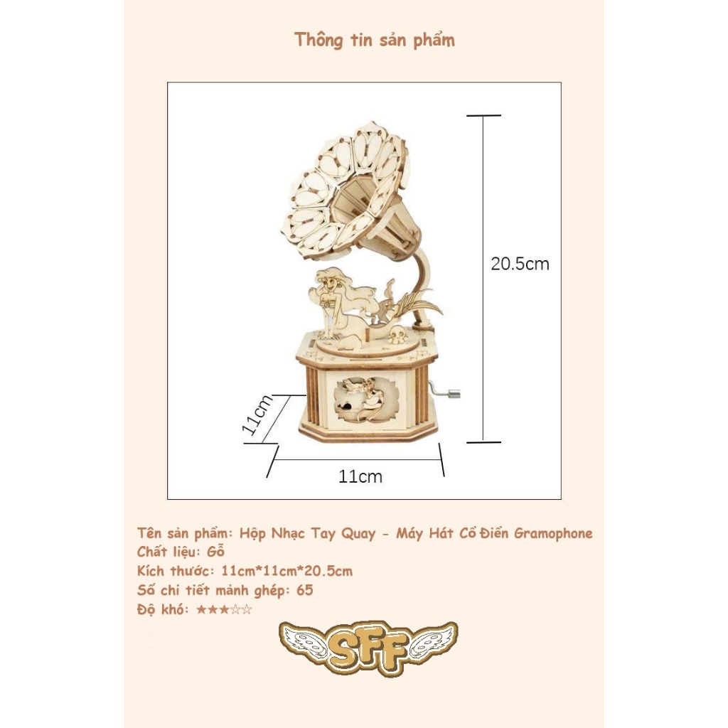 Đồ Chơi Lắp Ráp Mô Hình Gỗ 3D Hộp Nhạc Tay Quay Máy Hát Cổ Điển Gramophone