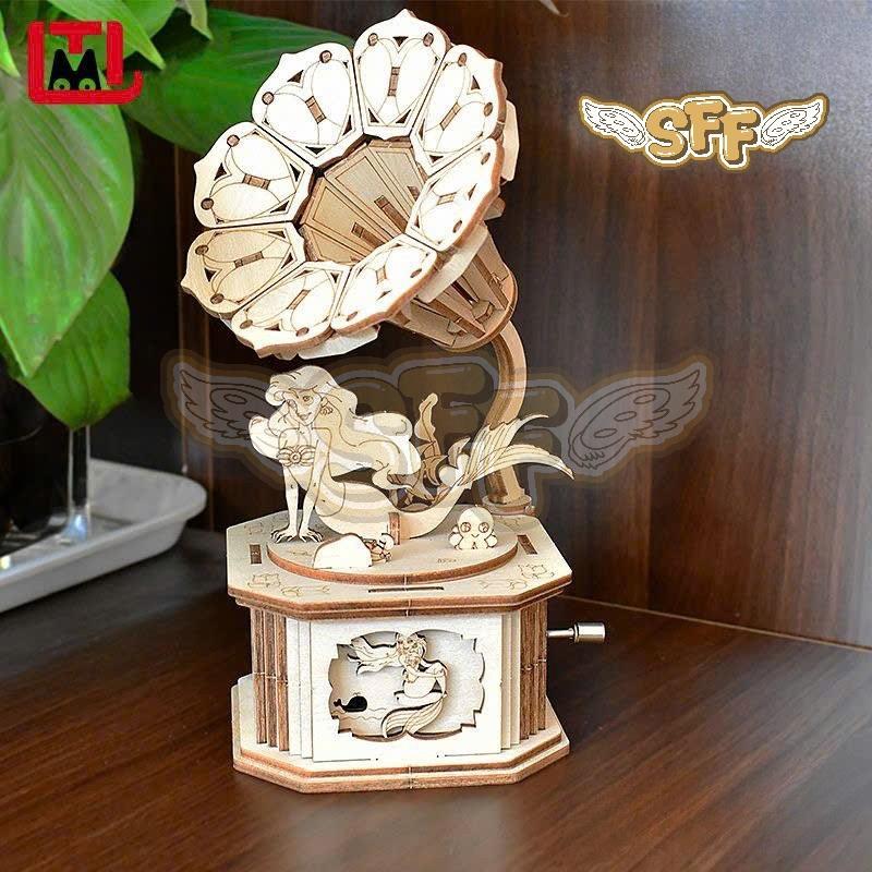 Đồ Chơi Lắp Ráp Mô Hình Gỗ 3D Hộp Nhạc Tay Quay Máy Hát Cổ Điển Gramophone