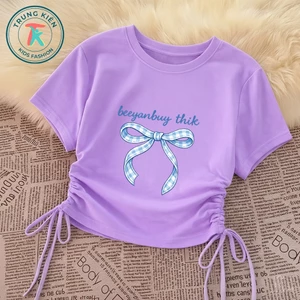 Áo Thun Bé Gái Rút Dây Vạt Vuông Thời Trang Hè, In Hình Nơ Xanh Beeyanbuy Thik, Cotton Thoáng (M375)
