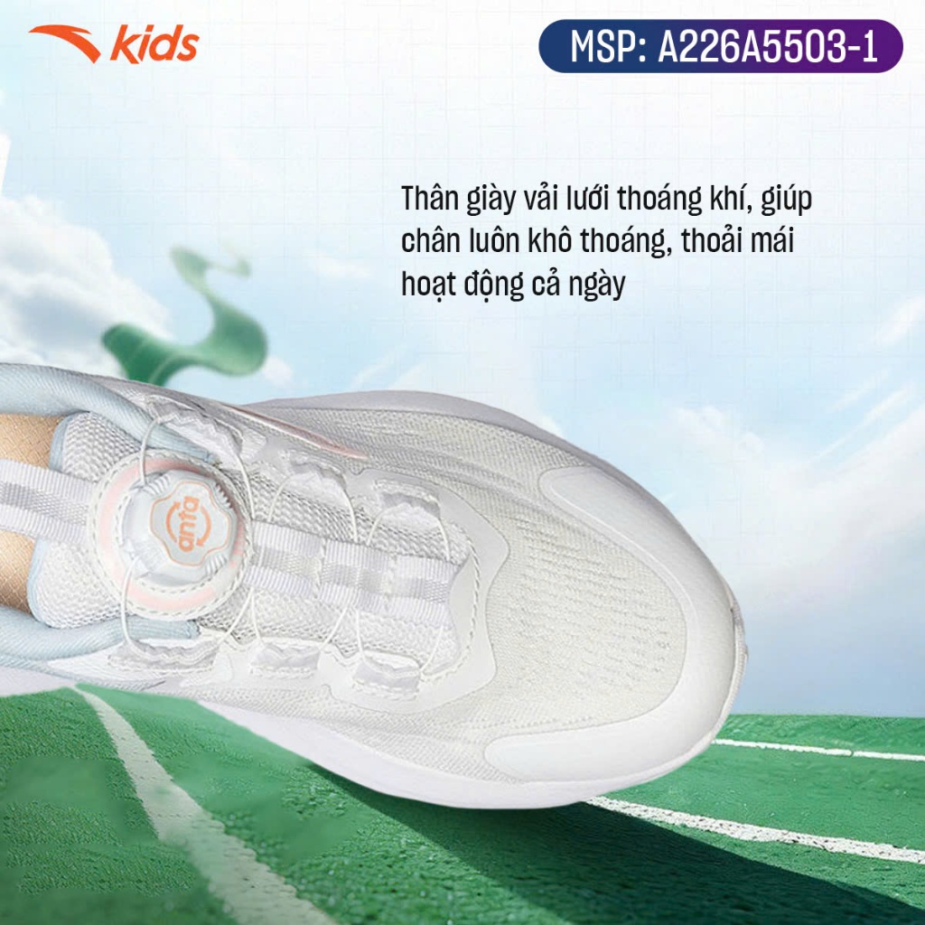 Giày Chạy Thể Thao Bé gái ANTA Kids A226A5503. Đế Giày Êm Nhẹ Giảm Chấn, Khóa Xoay Tiện Lợi, Thoáng Khí
