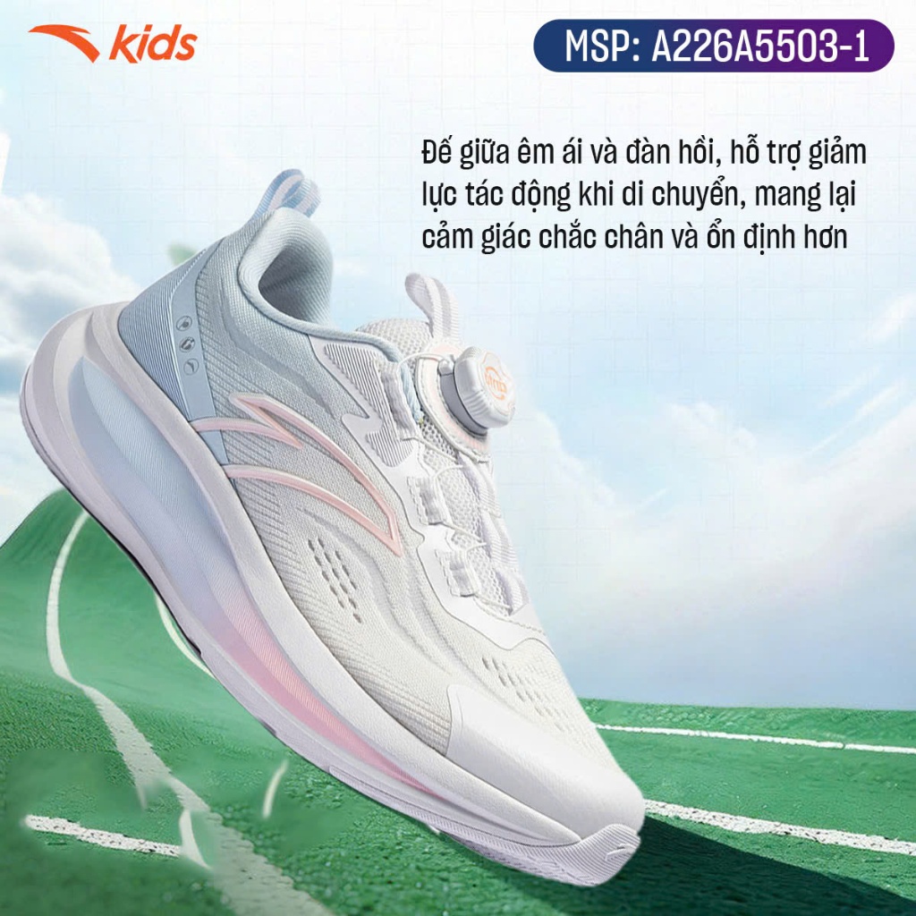 Giày Chạy Thể Thao Bé gái ANTA Kids A226A5503. Đế Giày Êm Nhẹ Giảm Chấn, Khóa Xoay Tiện Lợi, Thoáng Khí