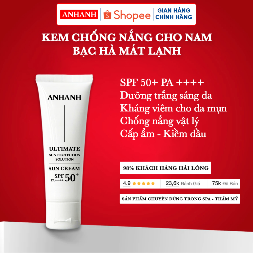 Kem chống nắng cho nam SPF50+ PA++++ dưỡng trắng da, kem chống nắng vật lý, phổ rộng, cấp ẩm, giảm mụn, mờ thâm
