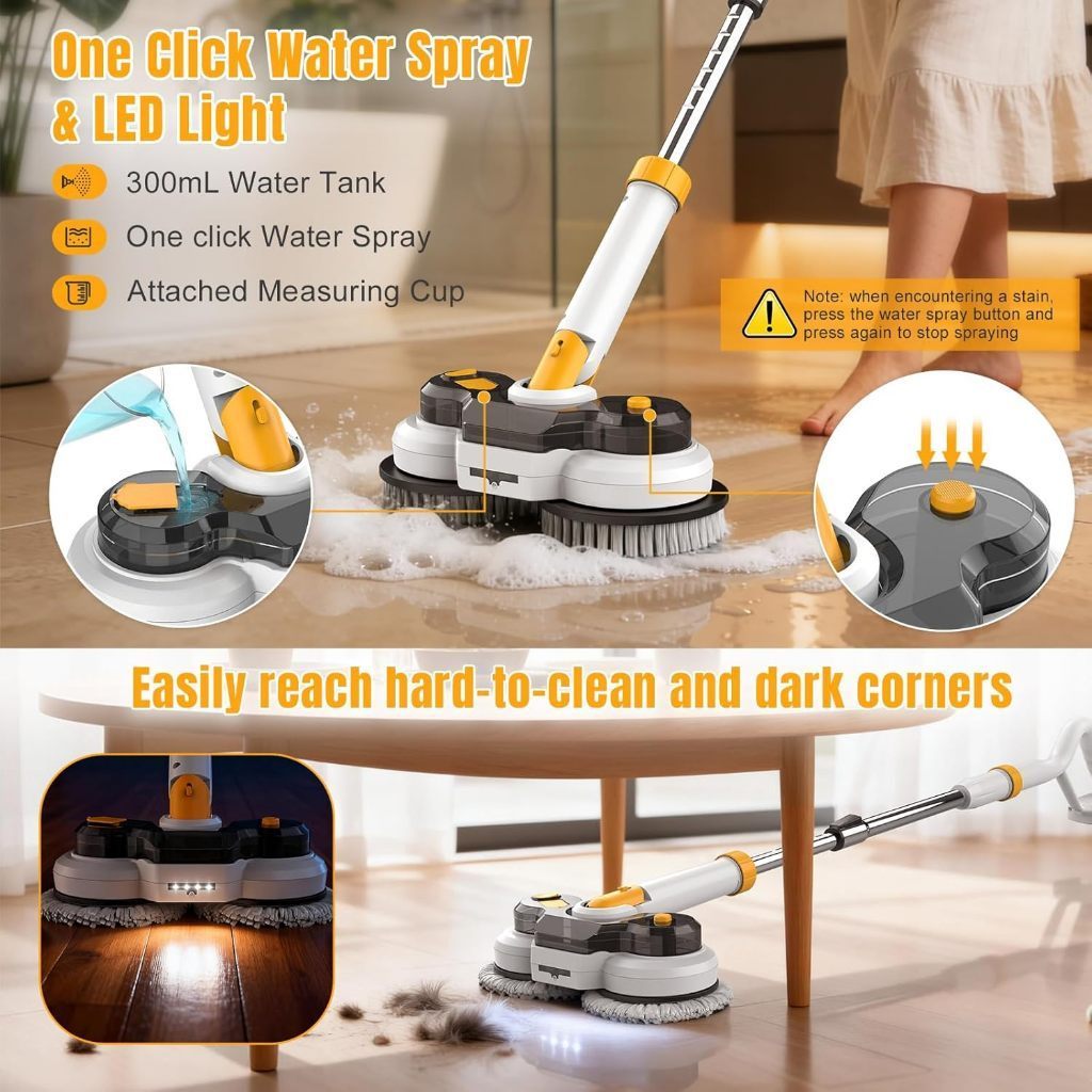 Qimedo Cây lau nhà điện tử 800 vòng/phút + Phun nước Pin 6000mAh 60 phút Đèn LED & Bình nước 300ml Giảm 50% sức lao động