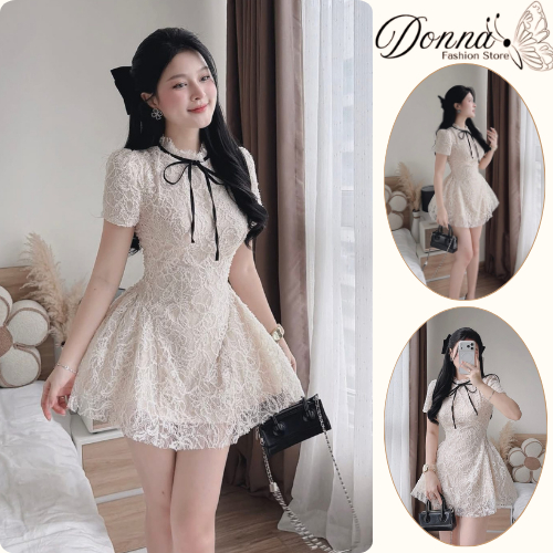 Đầm nữ, váy nữ DONNA HCOM26912 ren hoa cổ đính nơ dáng xoè tiểu thư, siêu sang