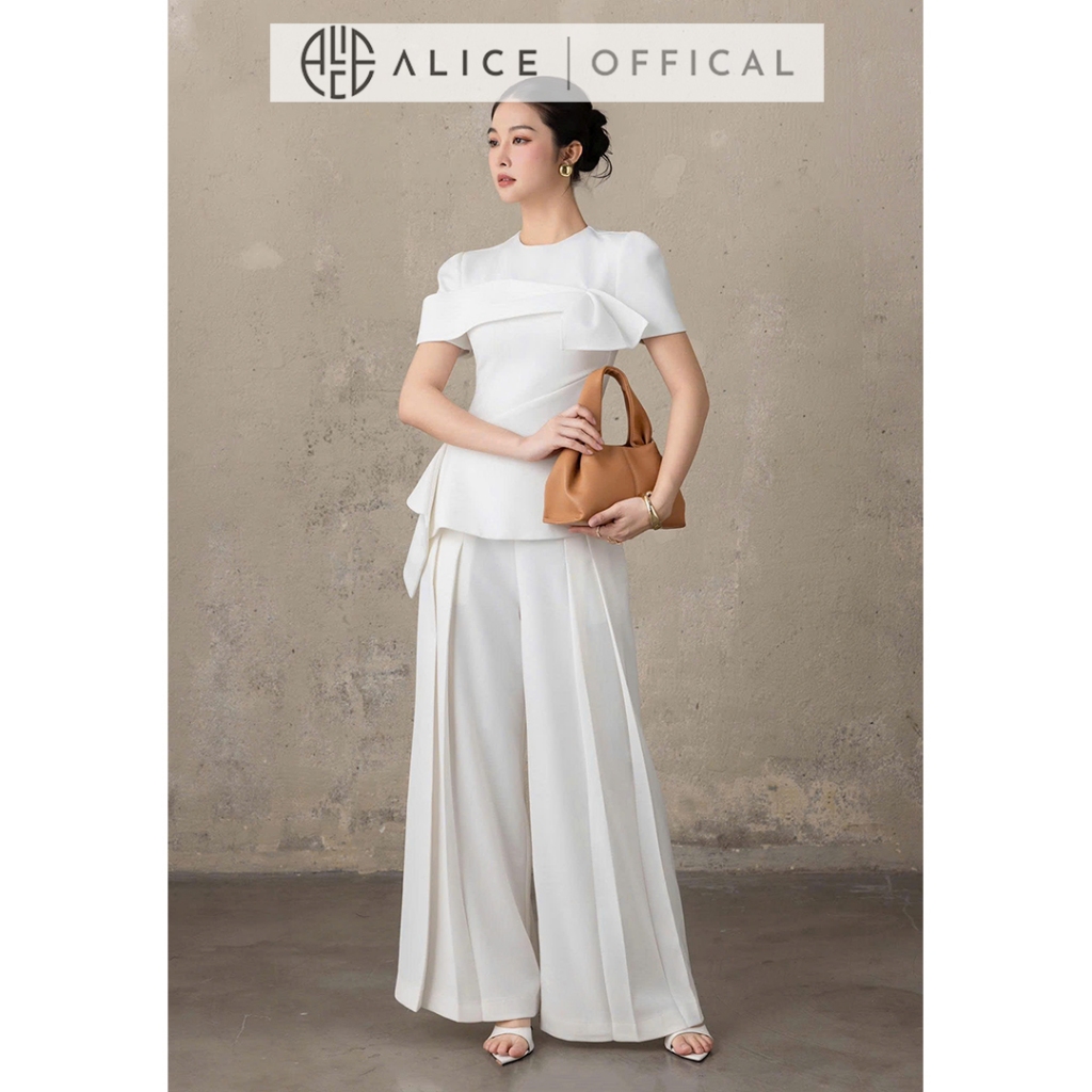 Set Đồ Công Sở Alice Chất Chéo Rubi Lót Lụa, Áo Peplum Cổ Tròn Phối Quần Ống Rộng Xếp Ly S1040
