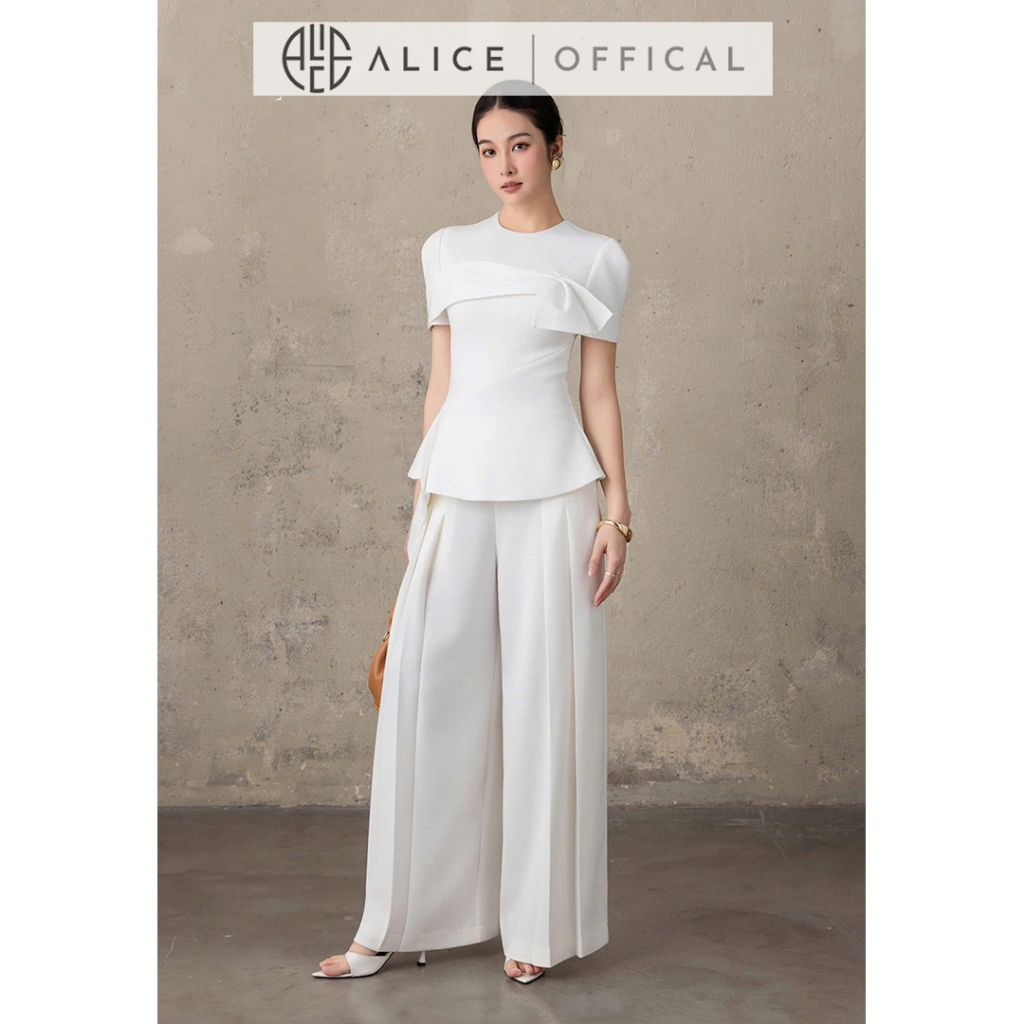 Set Đồ Công Sở Alice Chất Chéo Rubi Lót Lụa, Áo Peplum Cổ Tròn Phối Quần Ống Rộng Xếp Ly S1040