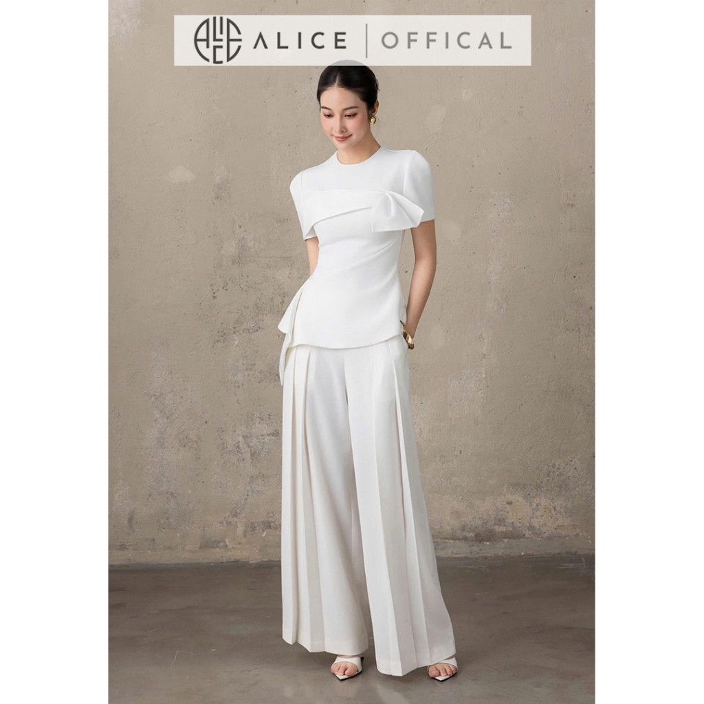Set Đồ Công Sở Alice Chất Chéo Rubi Lót Lụa, Áo Peplum Cổ Tròn Phối Quần Ống Rộng Xếp Ly S1040