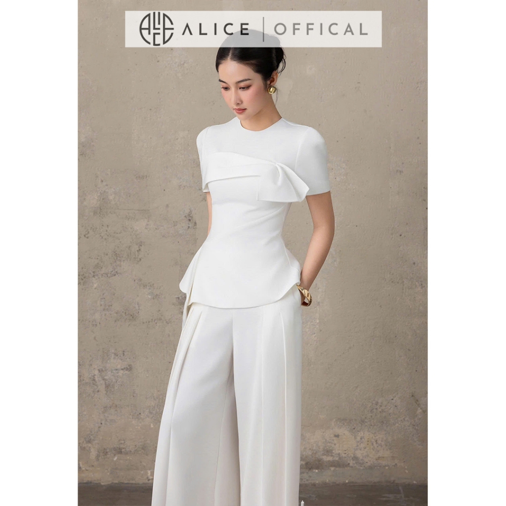 Set Đồ Công Sở Alice Chất Chéo Rubi Lót Lụa, Áo Peplum Cổ Tròn Phối Quần Ống Rộng Xếp Ly S1040